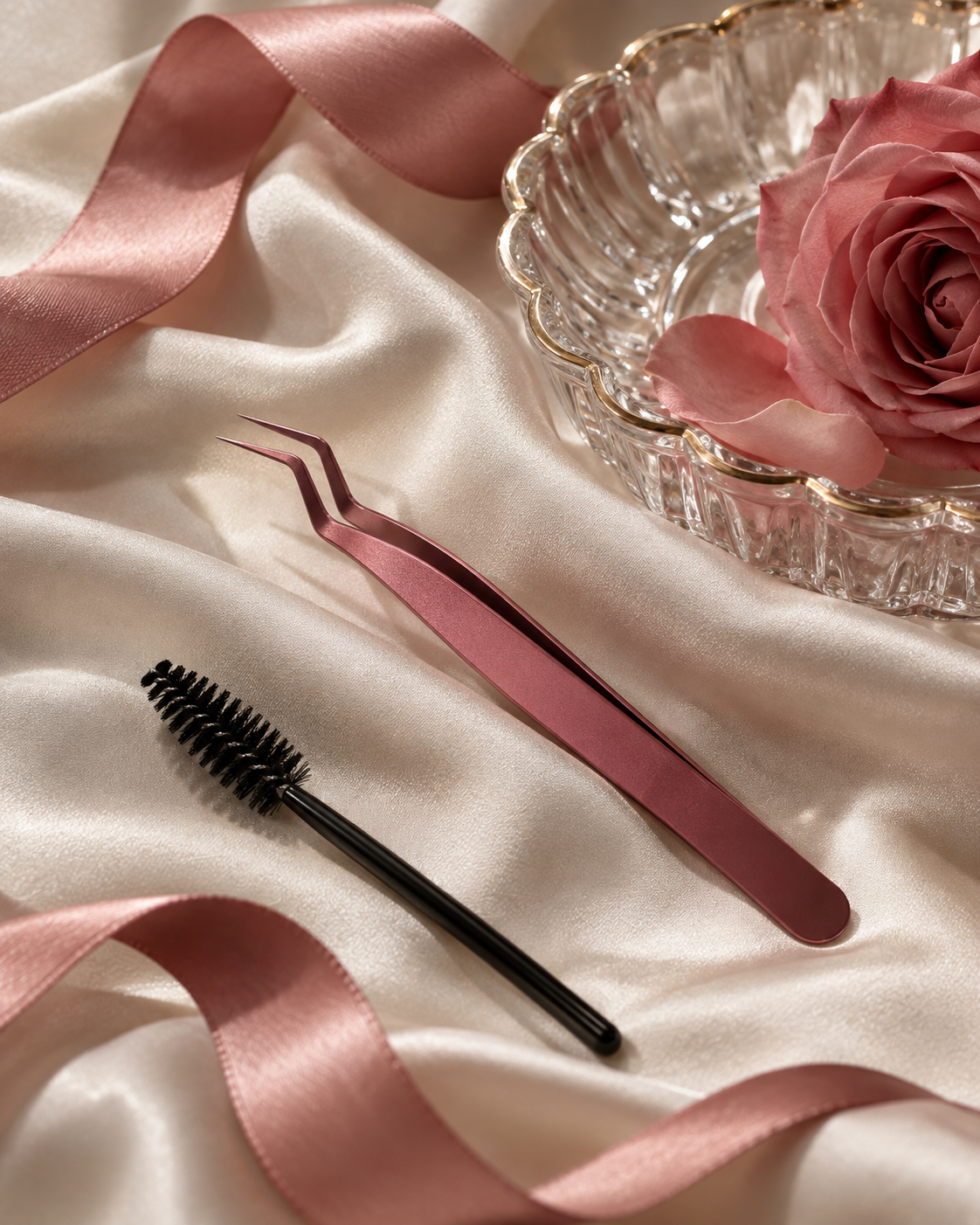 Rose lash tweezers and a spoolie on cream satin with pink ribbon